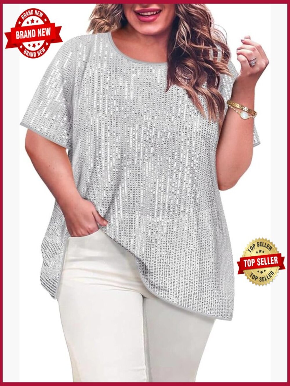 Plus Size Sequin Sparkly Tunic Slimming Party Top Crewneck Short Sleeve T-Shirt